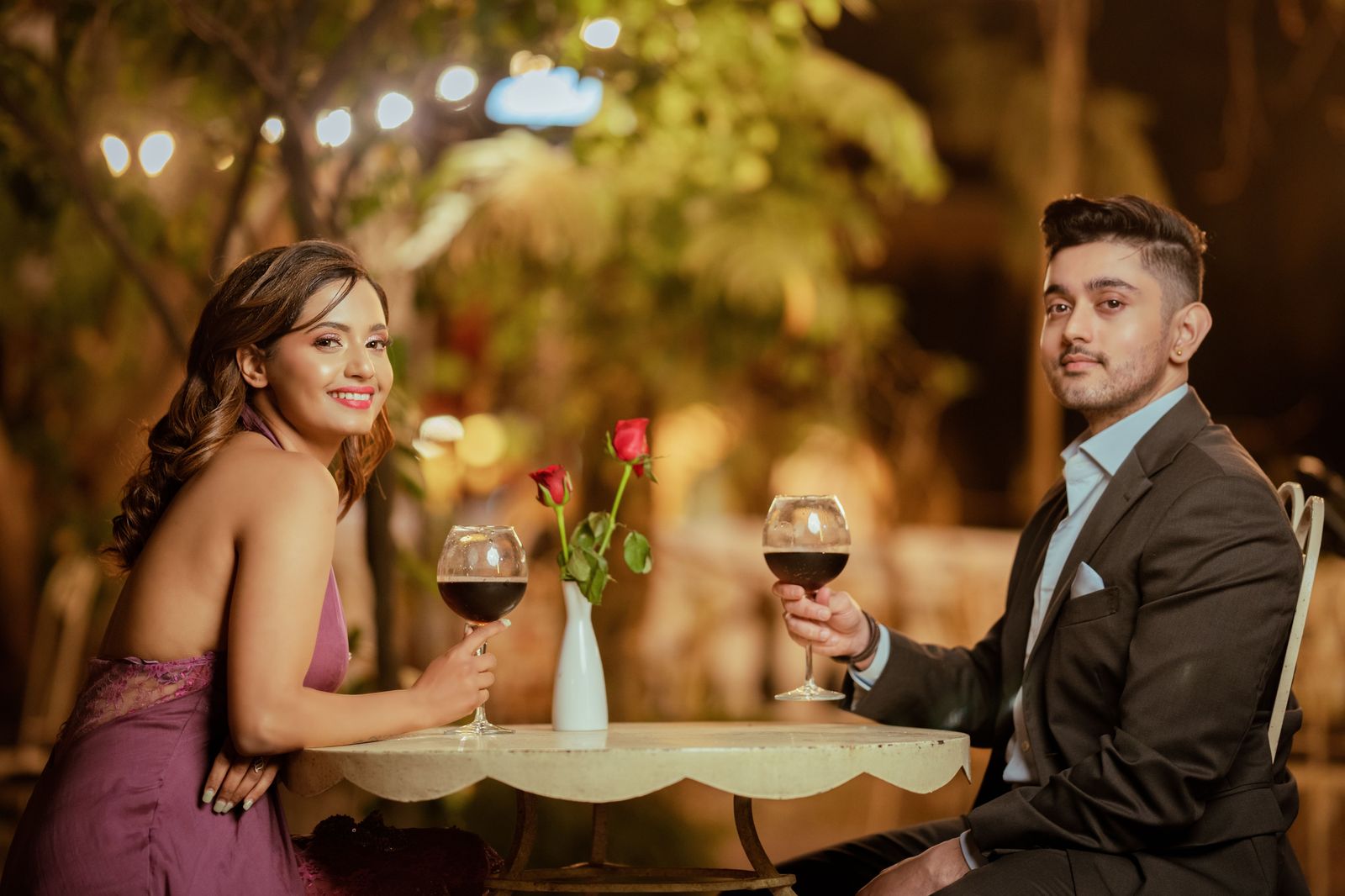 Dressed for the evening: the sedan takes the couple, the bus takes the party